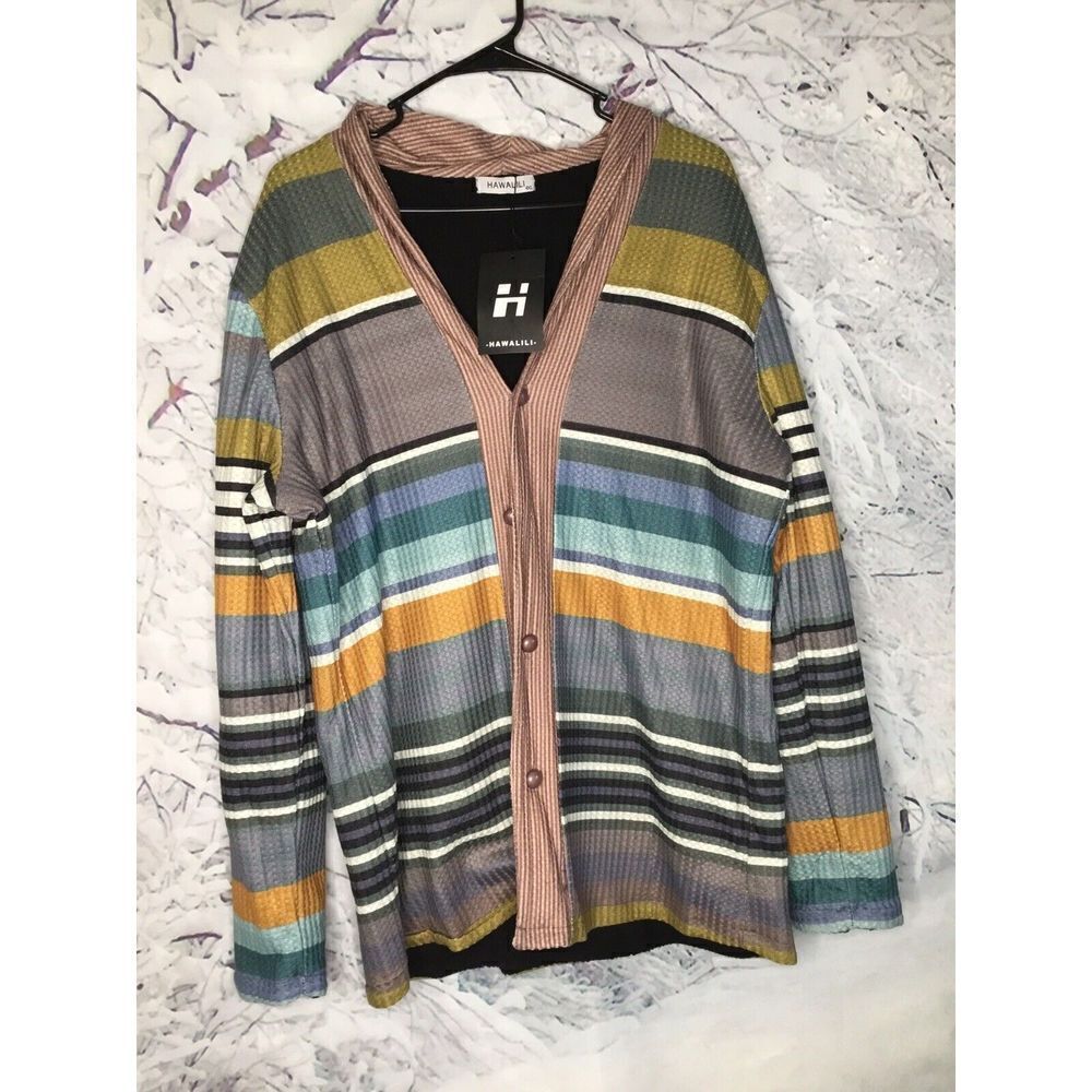 New Hawalili Mens  Jacket XL-4XL Sherpa Lined Cardigan Button Up Stripped multic